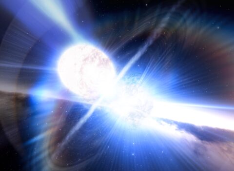 artist’s impression of a kilonova produced by two colliding neutron stars (Surprise kilonova upends established understanding of long gamma-ray bursts)