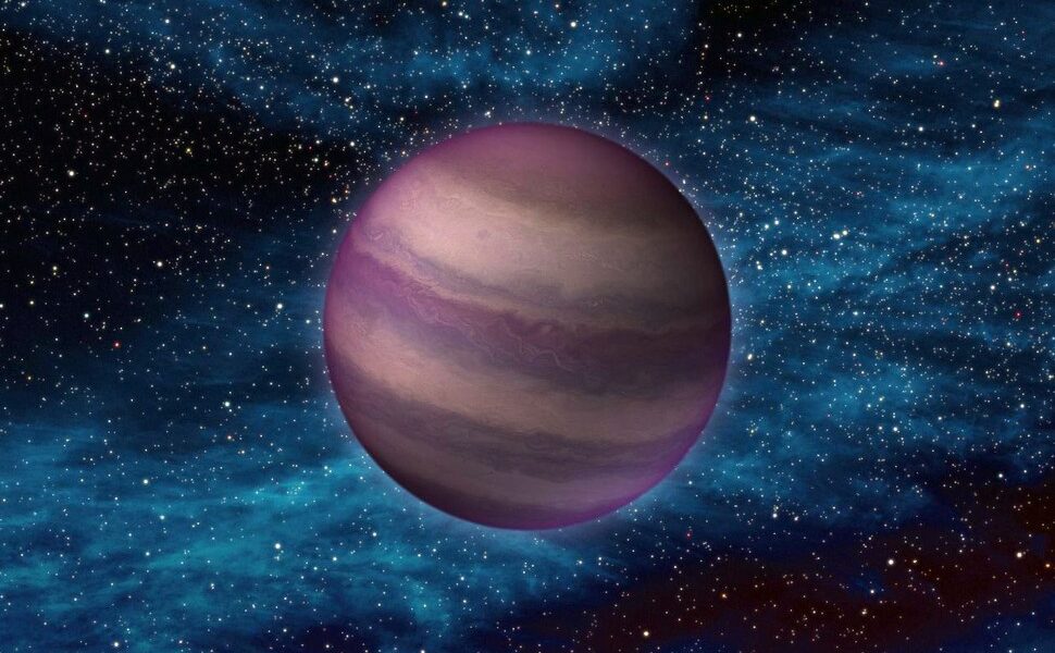 An artist-rendered purple dwarf star floating in a dark and light blue starry background. Image credit: NASA