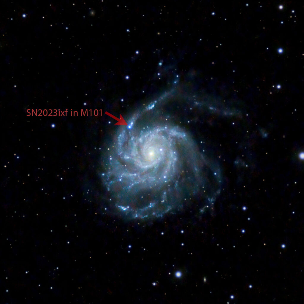 Supernova SN2023ixf visible in pinwheel galaxy (labeled)