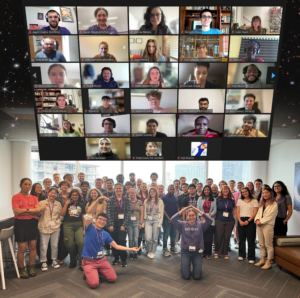Participants of the 2023 Code/Astro workshop pose in rows in the CIERA Sky Lounge. Organizers Jason Wang and Sarah Blunt make "C" and "A" symbols with their hands in front of the group. Zoom participants are superimposed above the in-person attendees.