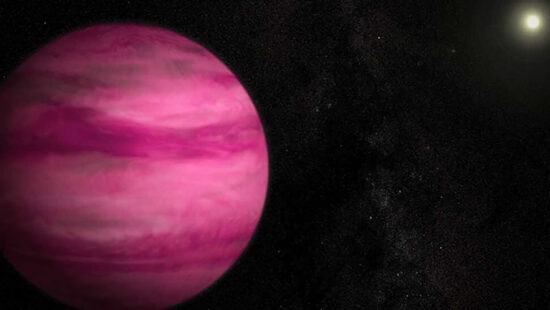 An image of a dark galactic sky with a large, bright pink, planet-sized object, which is orbiting a bright star in the top right hand corner. Faint stars populate the dark sky.