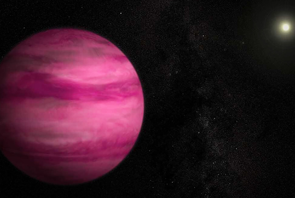 An image of a dark galactic sky with a large, bright pink, planet-sized object, which is orbiting a bright star in the top right hand corner. Faint stars populate the dark sky.